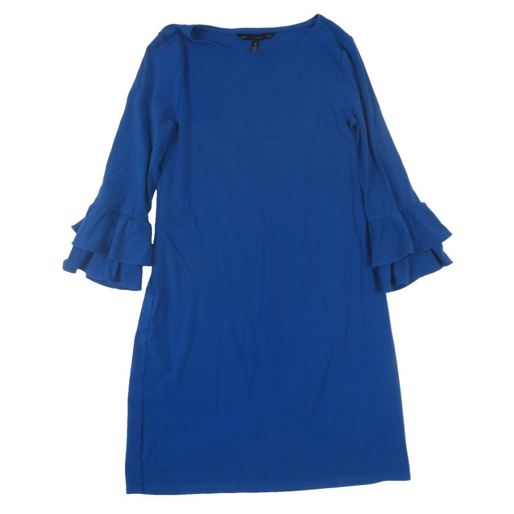 White House Black Market Dress Womens Med Blue Sheath Ruffle Bell Sleeve Stretch